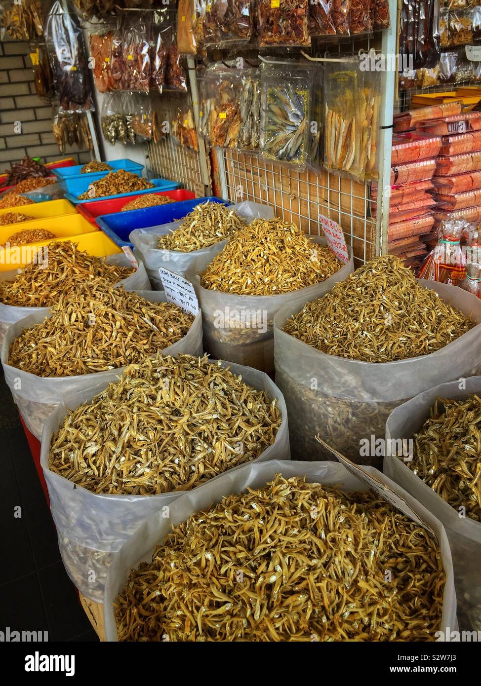 Bulk dried fish fry and other seafood for sale in Lumut, Perak