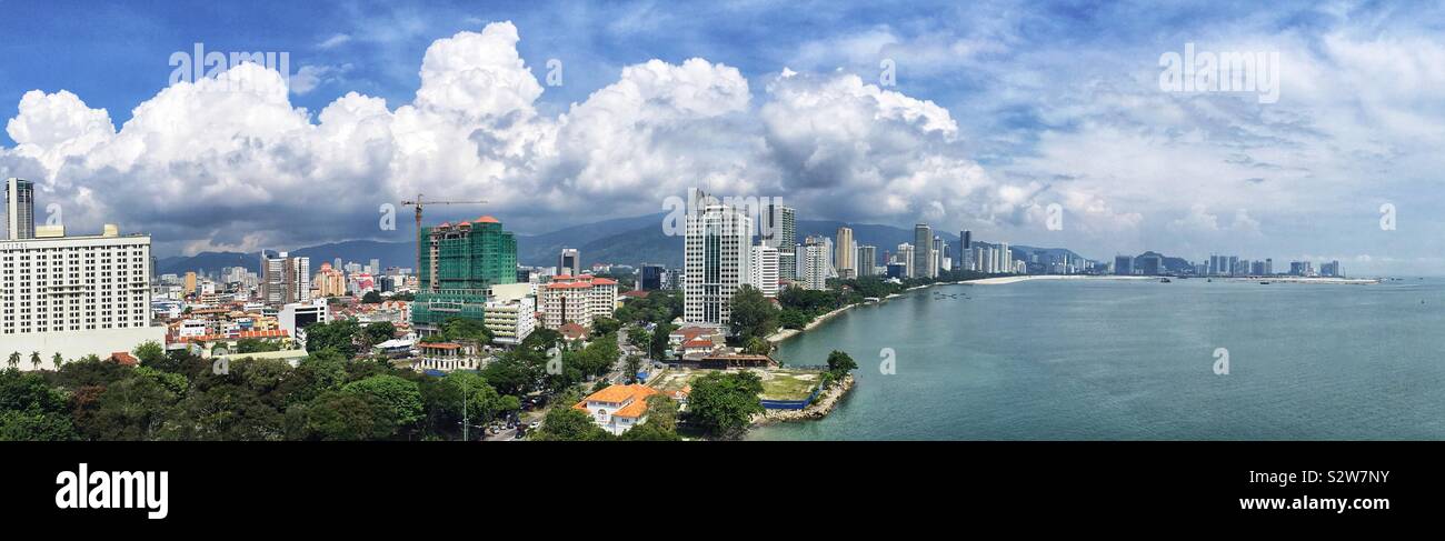 Panoramic view of George Town in Penang, Malaysia, from the Eastern & Orient Hotel, showing the highrise commercial and residential development of the northern coast of the island - Smartphone Captured Stock Image