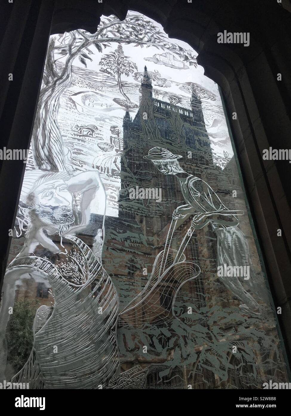 Beautiful etching in glass window Stock Photo Alamy