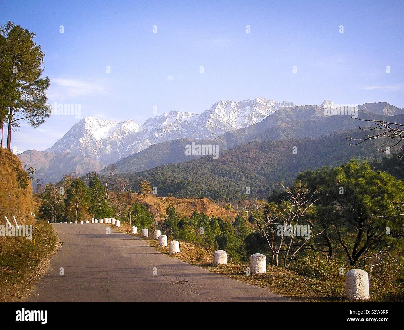 Rural road with Dhauladhar mountain ranges in the Himalayan foothills in background, in remote northern India near Dharamsala, Himachal Pradesh Stock Photo