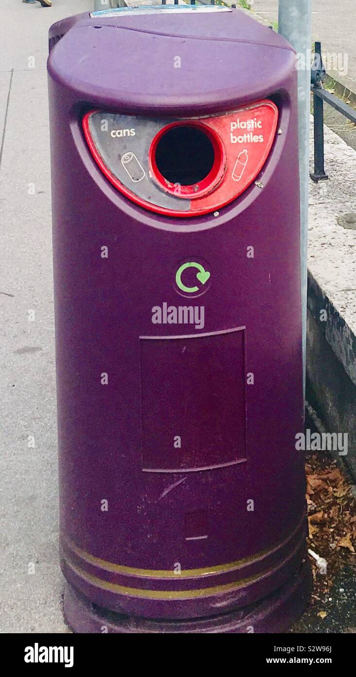 Purple coloured waste bin on British street Reading, United Kingdom