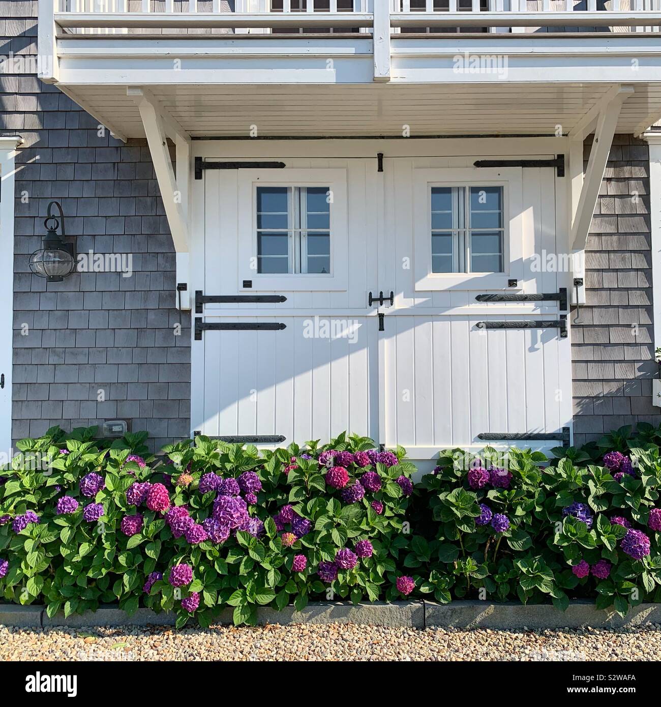 Flowers in front doors on Nantucket, Massachusetts, United States Stock Photo