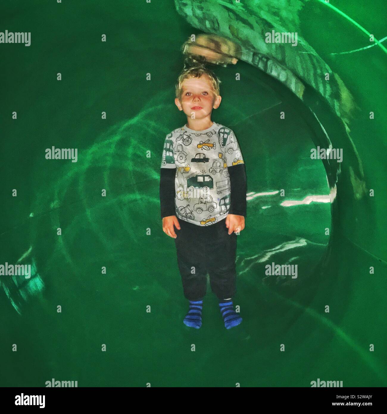Two year old boy in a green tunnel, Woodlands family theme park, Totnes, Devon, England, United Kingdom. Stock Photo
