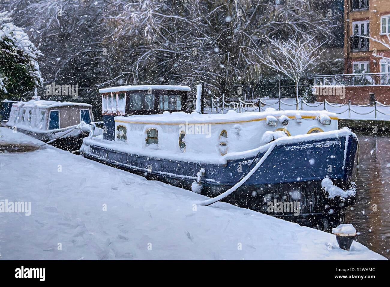 Dutch barge in the snow Stock Photo Alamy