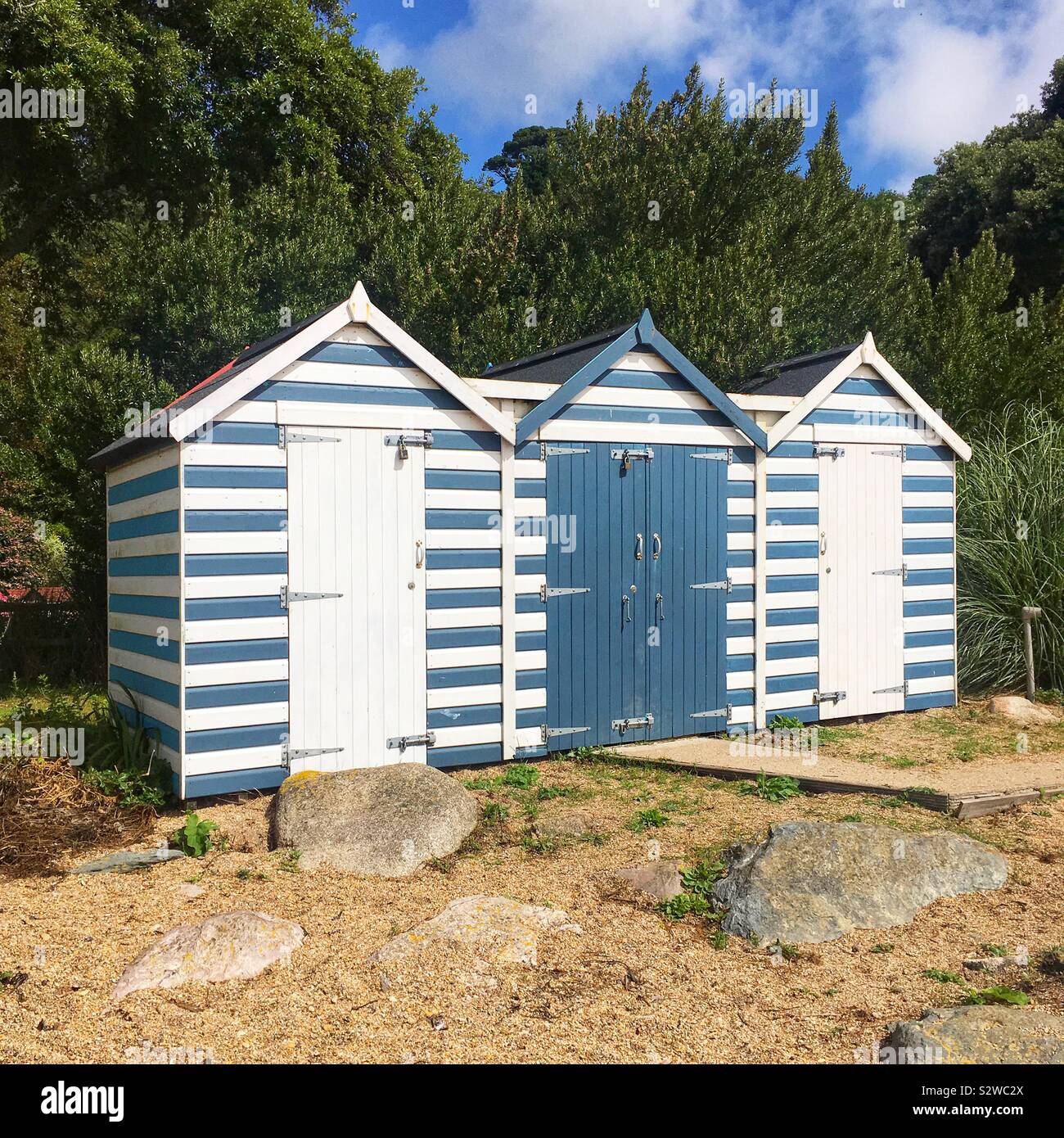 Beach Huts, Blackpool Sands beach, Dartmouth, Devon, England, United Kingdom. - Smartphone Captured Stock Image