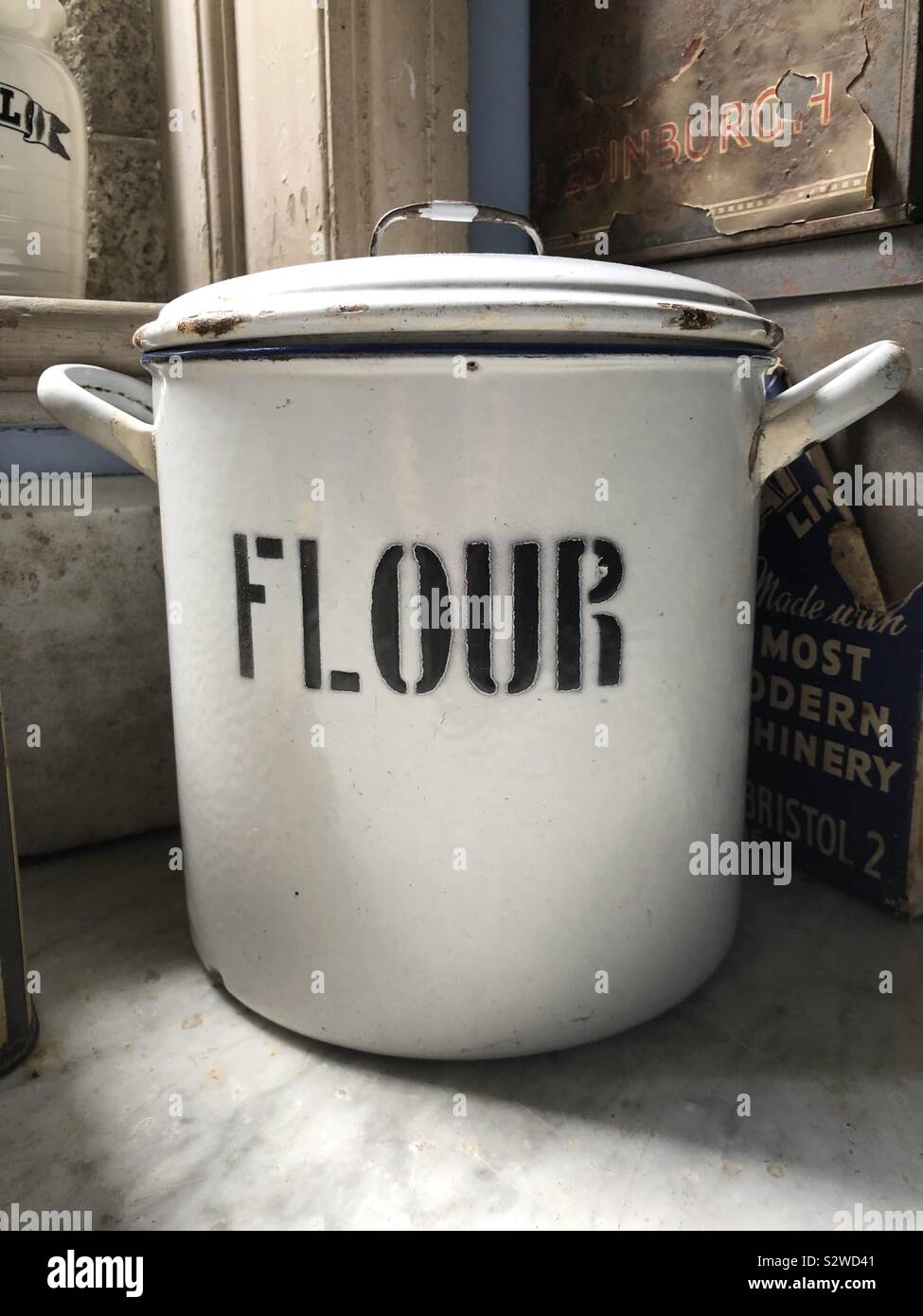 Antique enamel flour bin Stock Photo Alamy