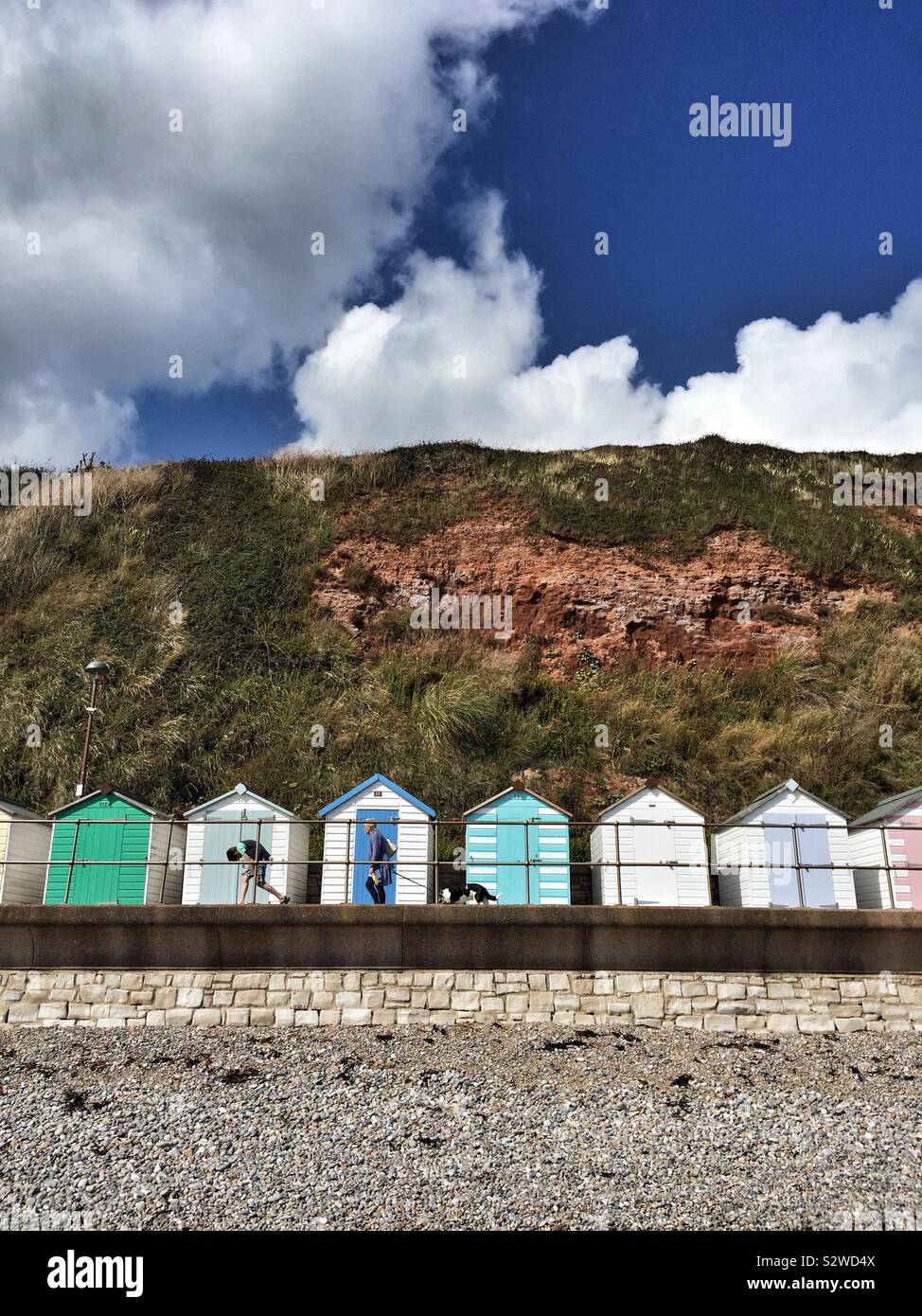 People walking their dog along promenade in front of colourful beach huts at Seaton, south Devon, UK - Smartphone Captured Stock Image