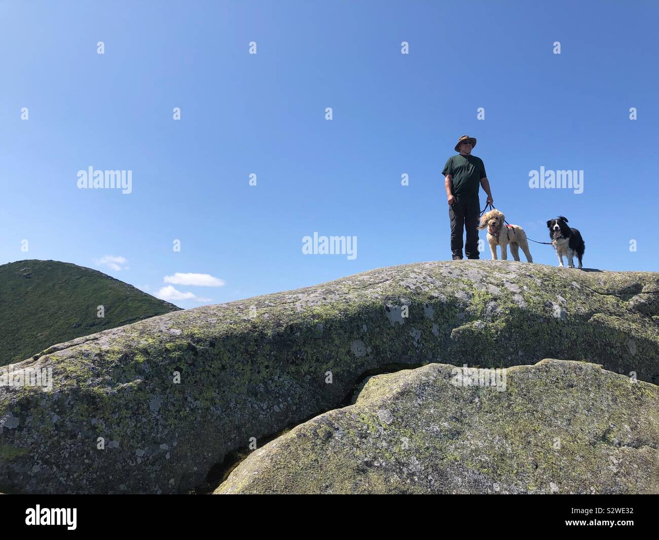 Man and 2 dogs standing on the summit of Wright Mountain Stock Photo