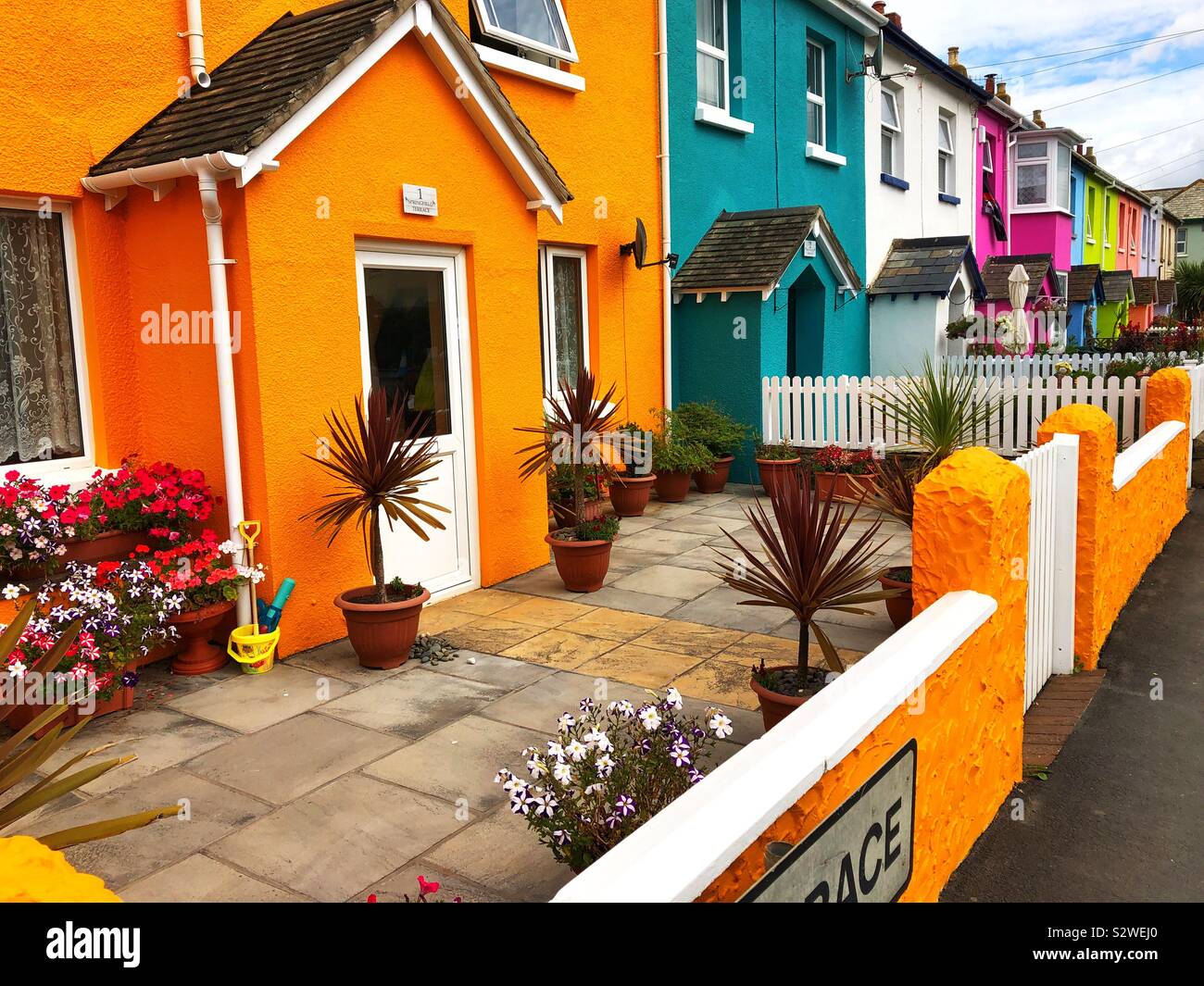 Colourful houses in Springfield terrace, Westward Ho!, Devon, England. - Smartphone Captured Stock Image