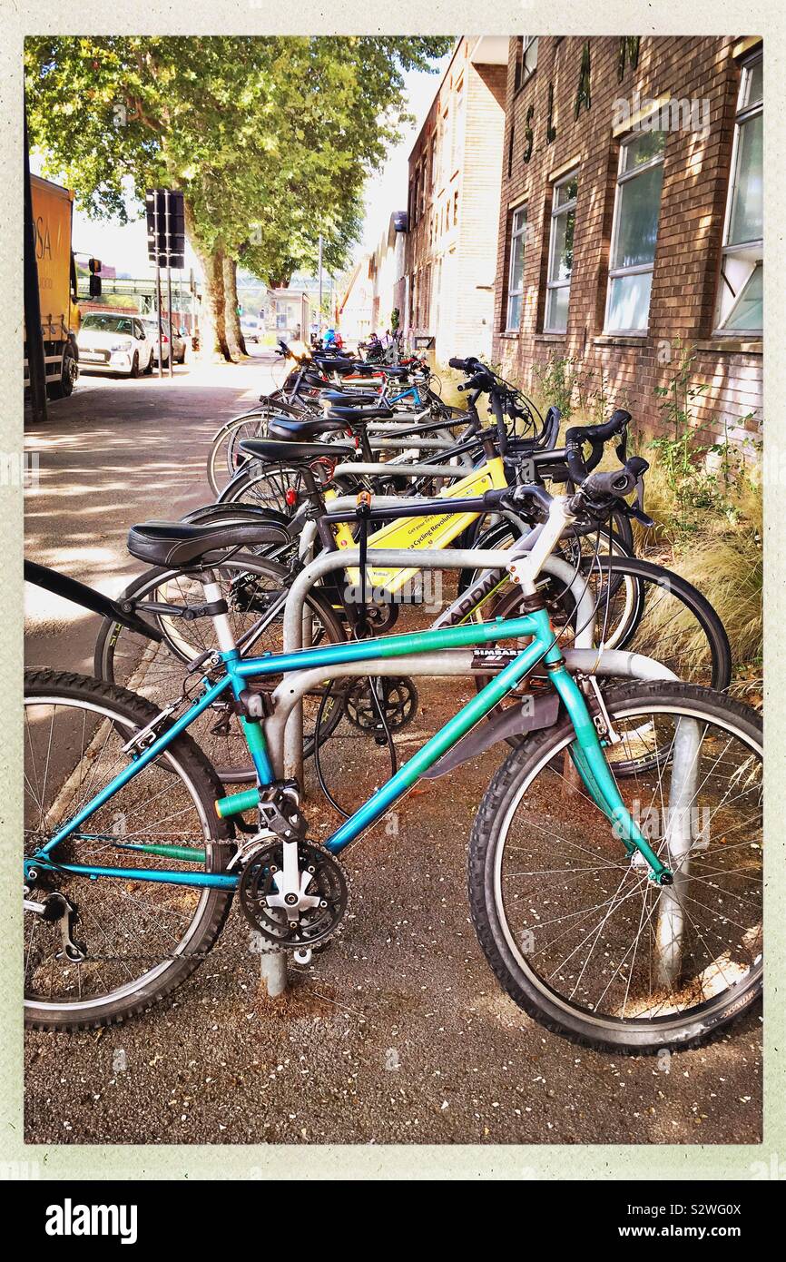 Bicycles at bicycle racks, Spike Island, Bristol, UK Stock Photo Alamy