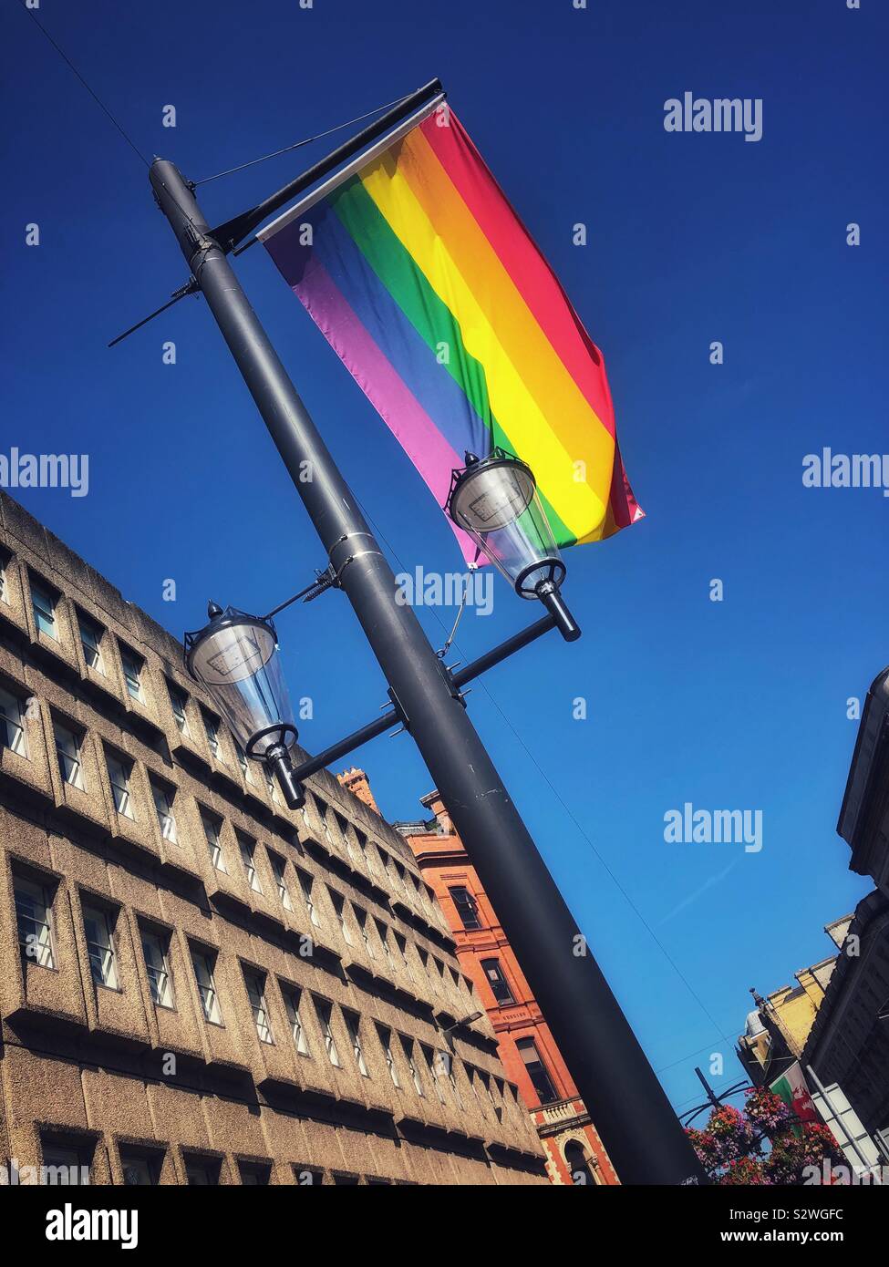 LGBT flag flying in Cardiff for Cardiff Pride 2019. Stock Photo