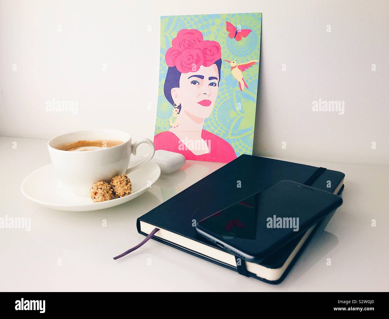 Landscape mode of coffee with notebook, mobile phone and greeting card Stock Photo