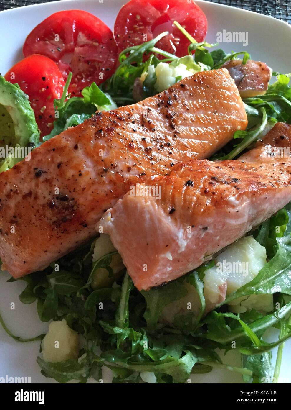 Close Up of Grilled Salmon and New Potato Entree,, USA - Smartphone Captured Stock Image