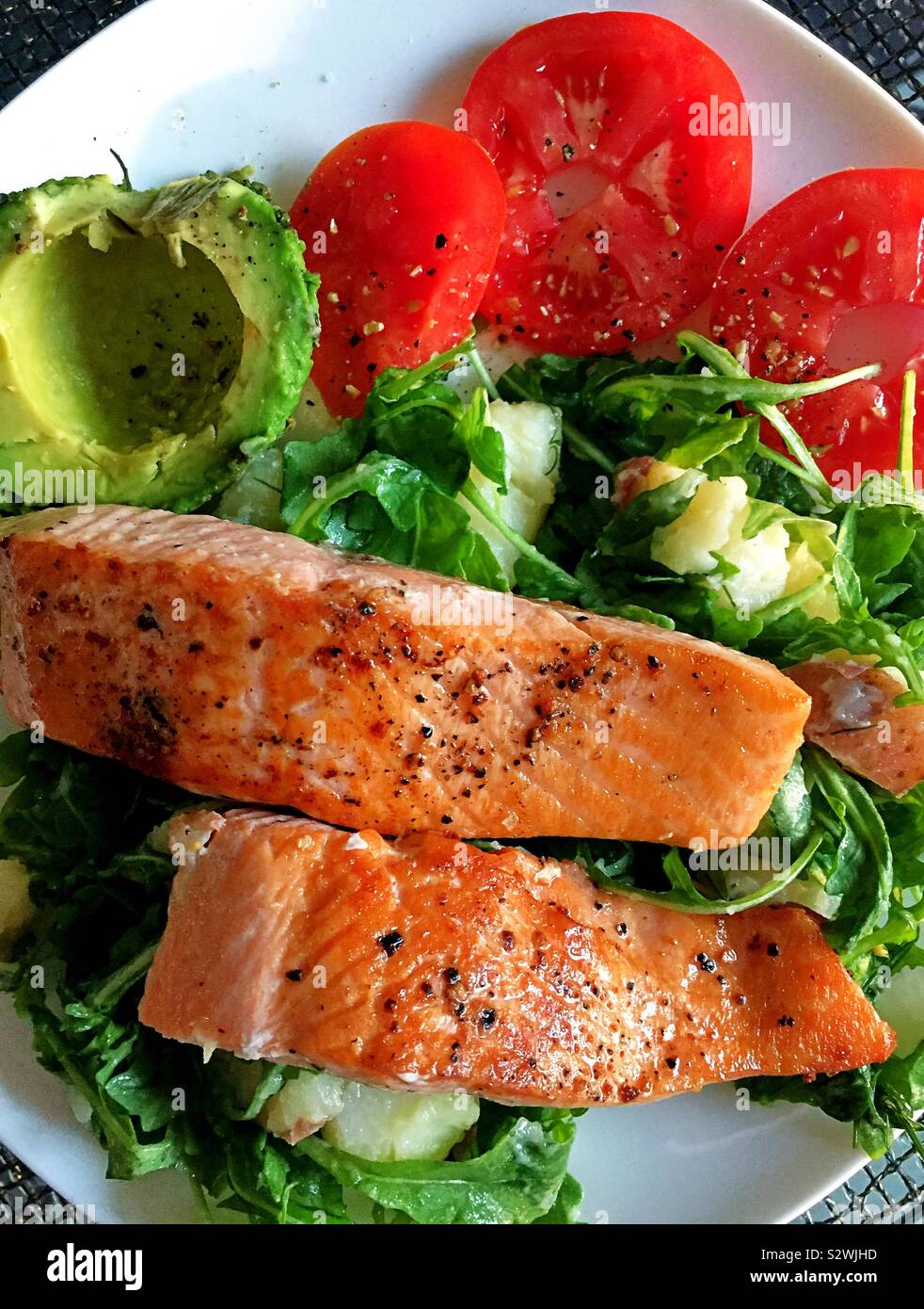Close Up of Grilled Salmon and New Potato Entree,  USA - Smartphone Captured Stock Image