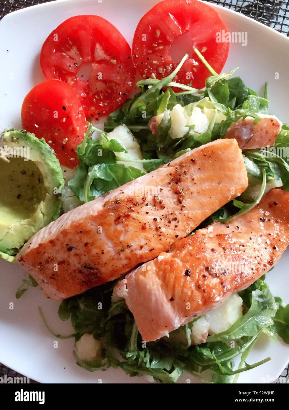 Close Up of Grilled Salmon and New Potato Entree,  USA - Smartphone Captured Stock Image
