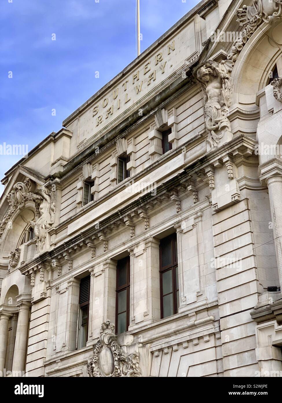 London, UK - 20 August 2019: Old architecture facade to Victoria station previously Southern Railway. - Smartphone Captured Stock Image