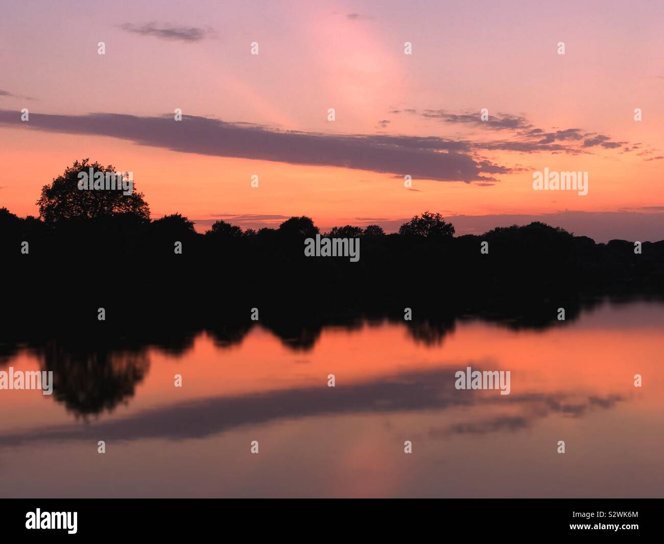 Silhouette trees and lake reflections at sunset - Smartphone Captured Stock Image