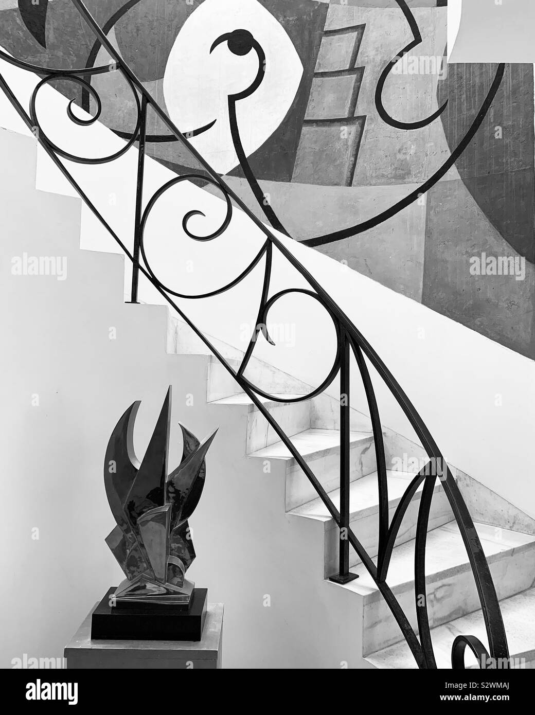 Sculpture and mural by the staircase at the Frelinghuysen Morris House & Studio, Lenox, Massachusetts, United States - Smartphone Captured Stock Image