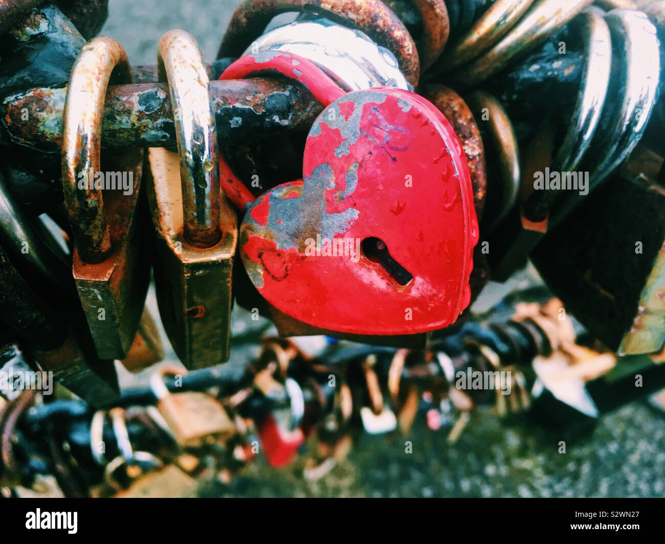 Love heart padlock. Love locks bridge Liverpool - Smartphone Captured Stock Image