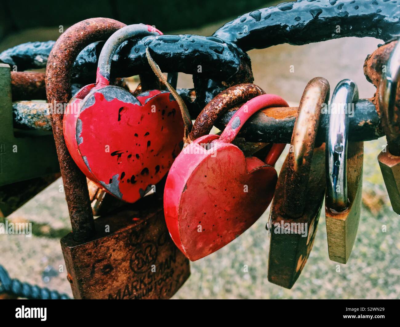 Love locks on bridge at Albert Dock Liverpool - Smartphone Captured Stock Image
