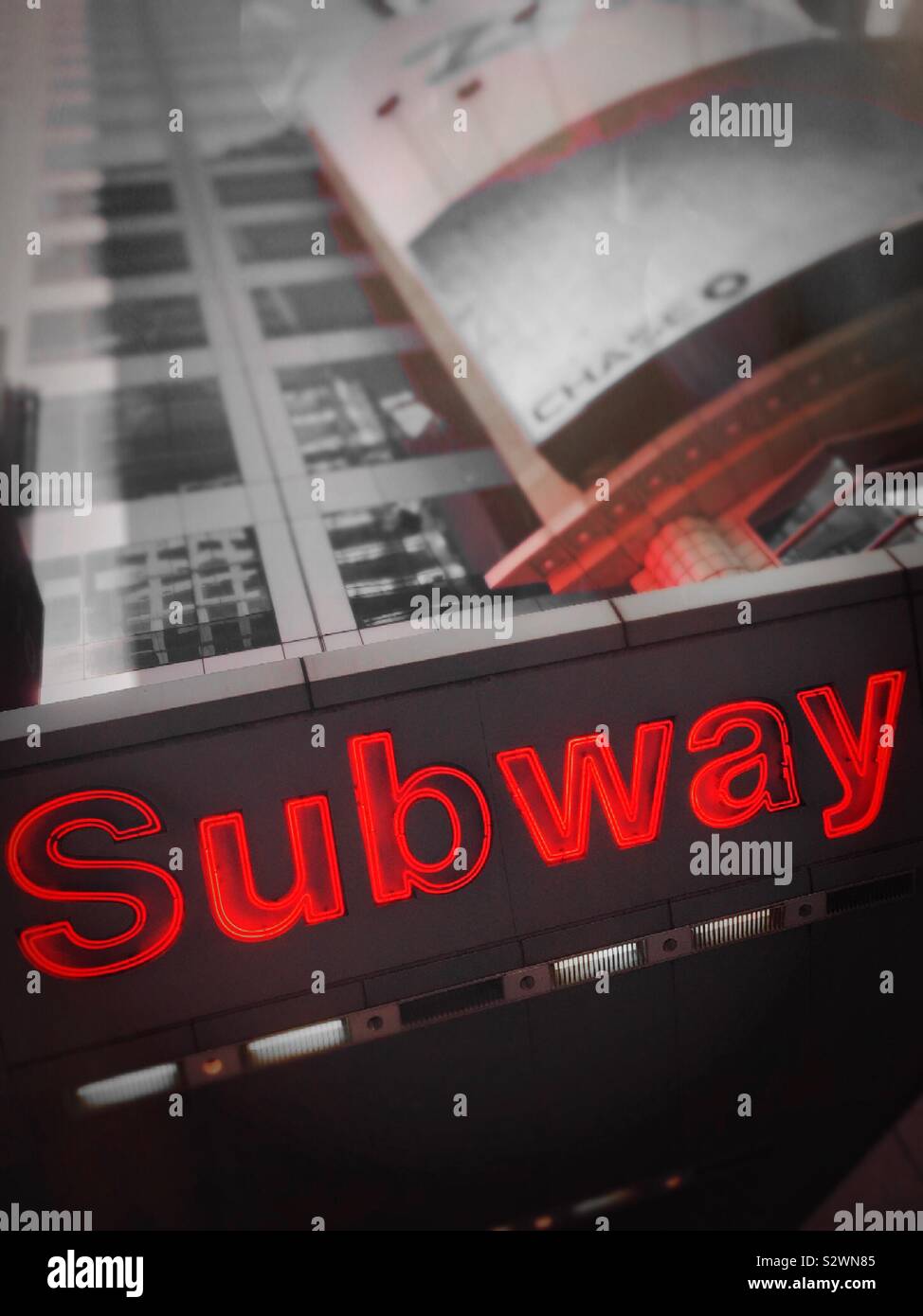 Huge brightly lit read subway signage at the times Square 42nd St ...