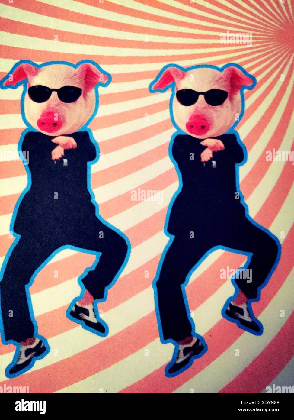 Bazaar drawing of a pair of dancing pigs in business suits wearing sunglasses. - Smartphone Captured Stock Image