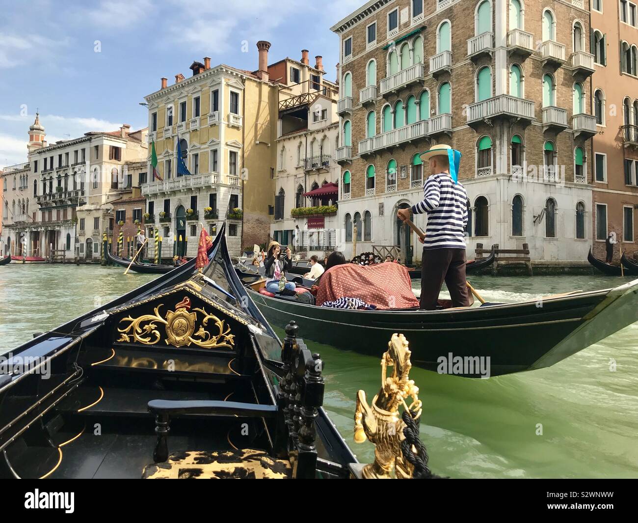 Gondolas on the Grand Canal thoroughfare, Venice, Italy, Europe Stock Photo