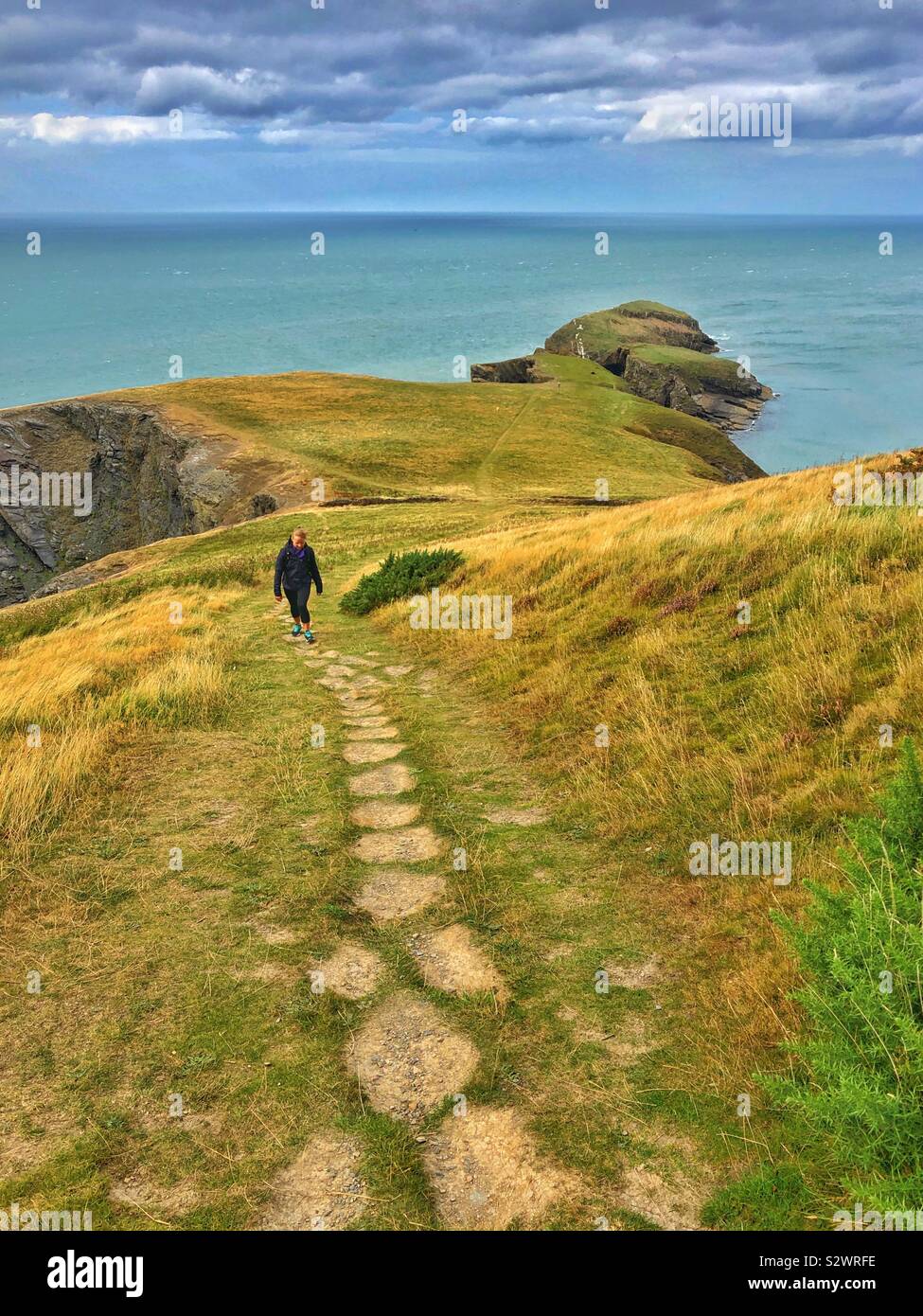 Young woman walking up a steep hill from Ynys Lochtyn , Ceredigion, West Wales, August. Stock Photo