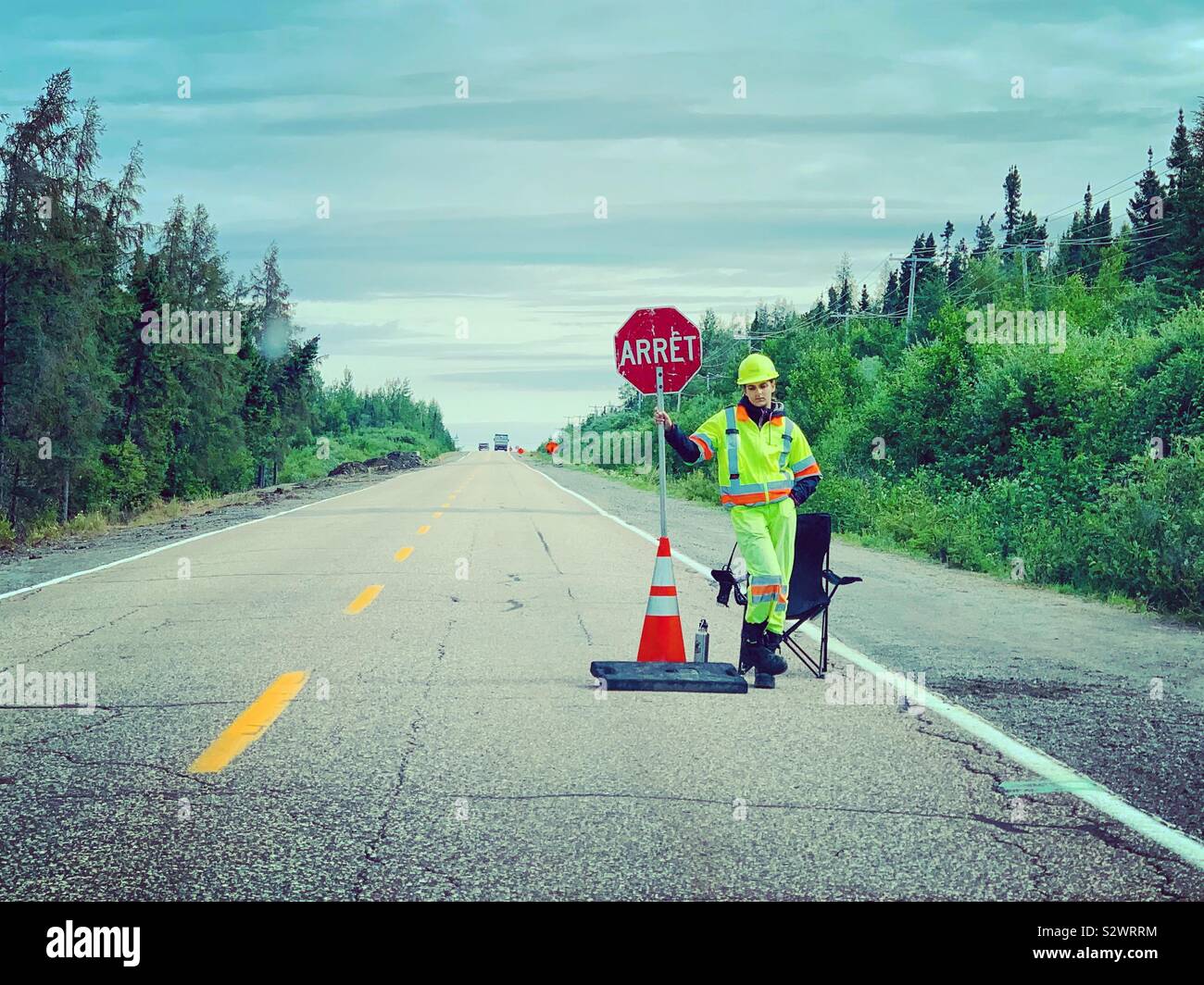 Female road construction worker , Northern Quebec - Smartphone Captured Stock Image