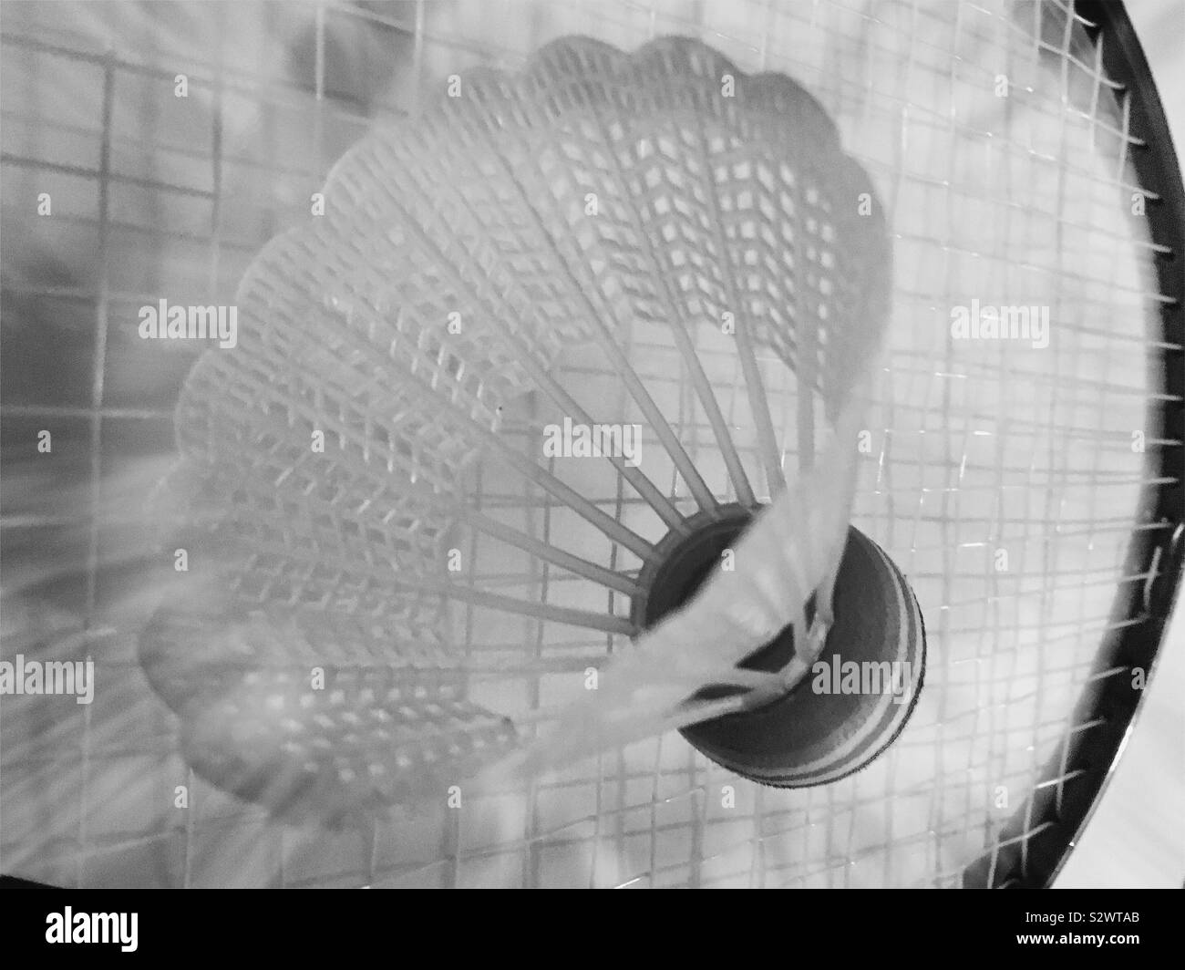 A badminton racket with a shuttlecock, in black and white Stock Photo