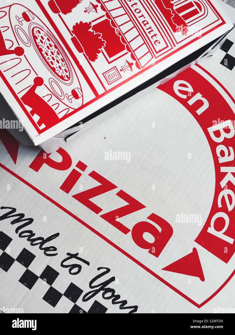 Close up of a pizza delivery boxes, United States - Smartphone Captured Stock Image