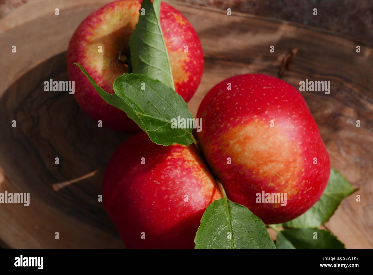 Close up of three red apples on a wooden board with leaves Stock Photo