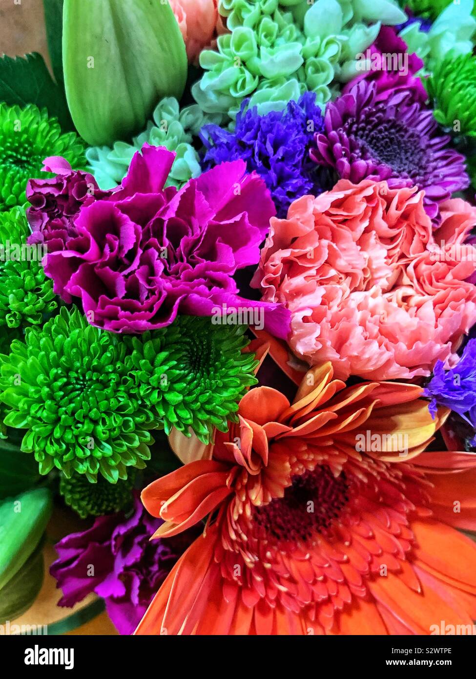 Beautiful bouquet of pink carnations and and orange daisy with green foliage. Stock Photo