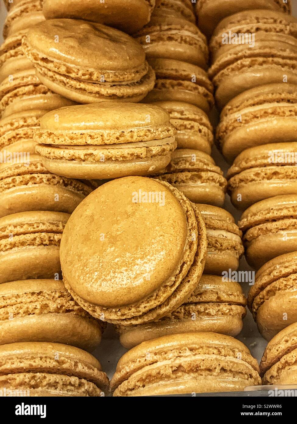 Delicious caramel macaroons sandwich cookies. Stock Photo