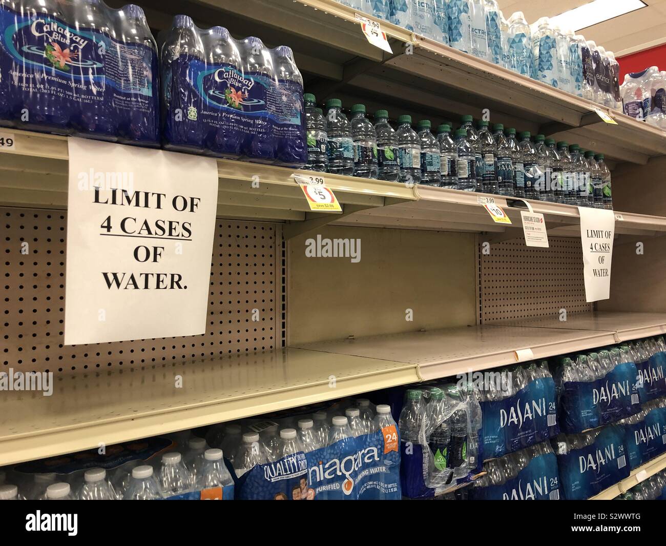 ST..AUGUSTINE, Fla. -- Customers were limited to four cases of water at the Winn-Dixie on Highway A1A, as Florida residents scrambled to prepare for Hurricane Dorian, Sept. 2, 2019. Stock Photo