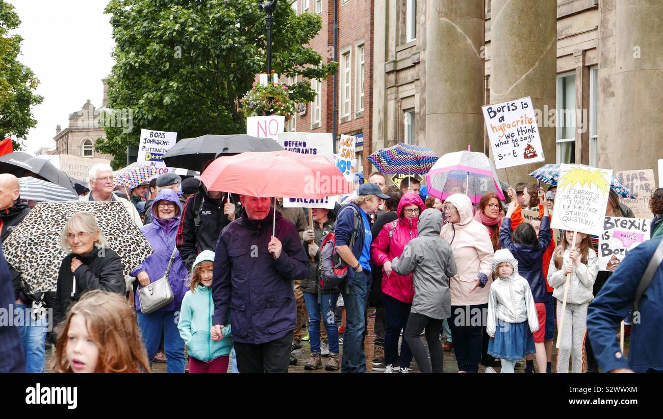 Macclesfield Market Place Protest  Stop the Coup protest march outside Macclesfield Town Hall  September 02, 2019 - Smartphone Captured Stock Image