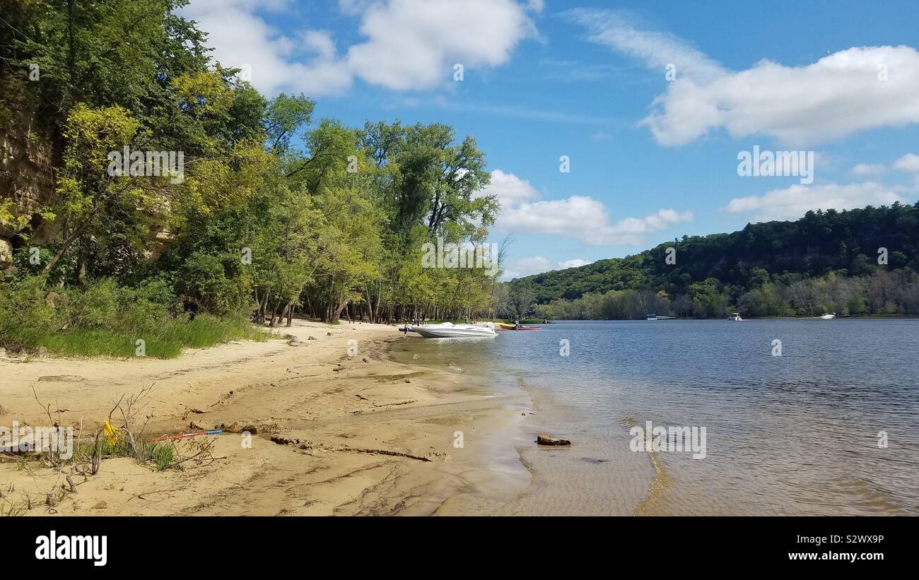 Boating along the St Croix River near Stillwater, Minnesota Stock Photo