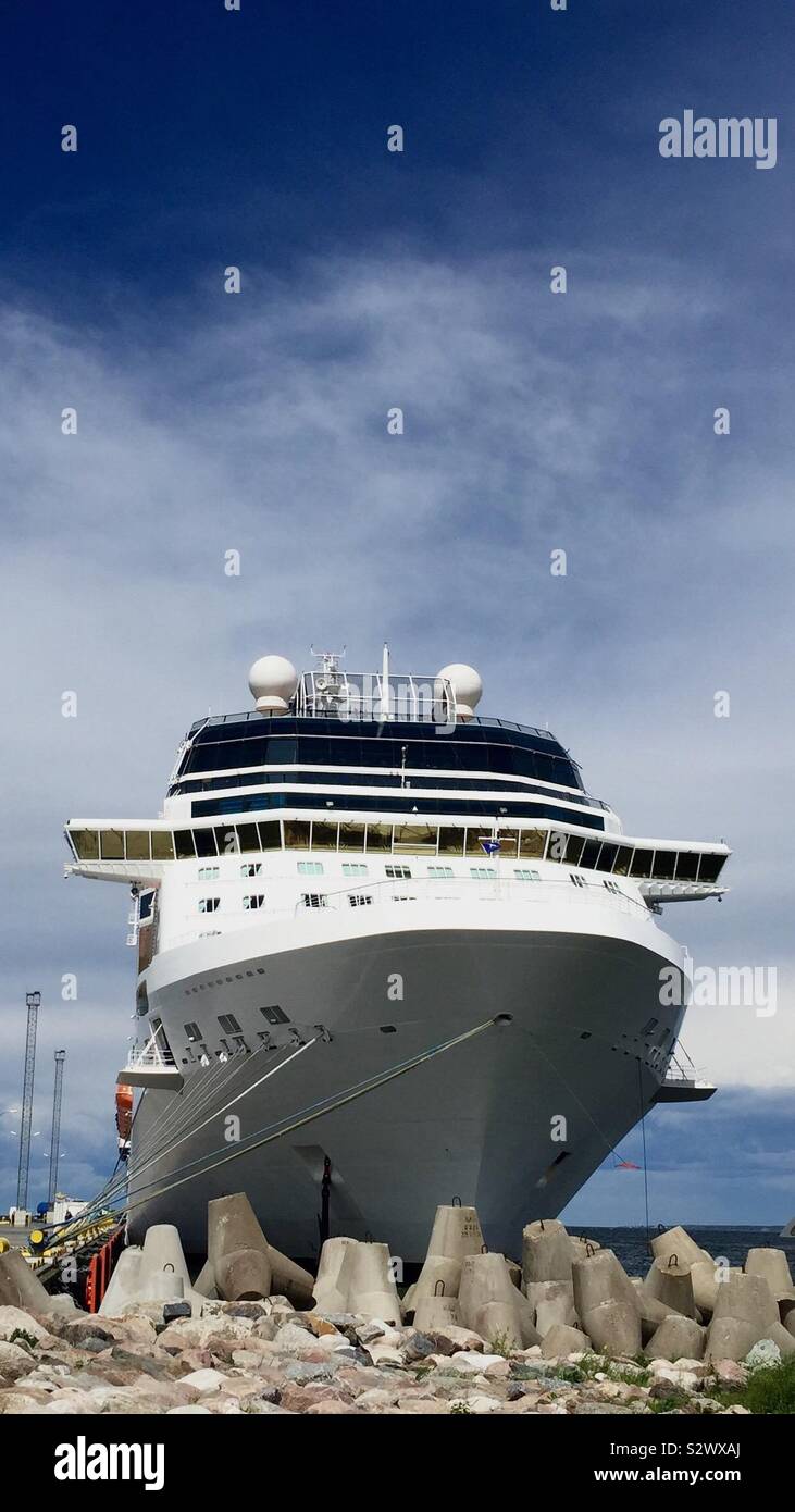 Bow of cruise ship moored at port at Tallin, Estonia. Exciting nautical journey awaits onboard, travel concept and background. Stock Photo