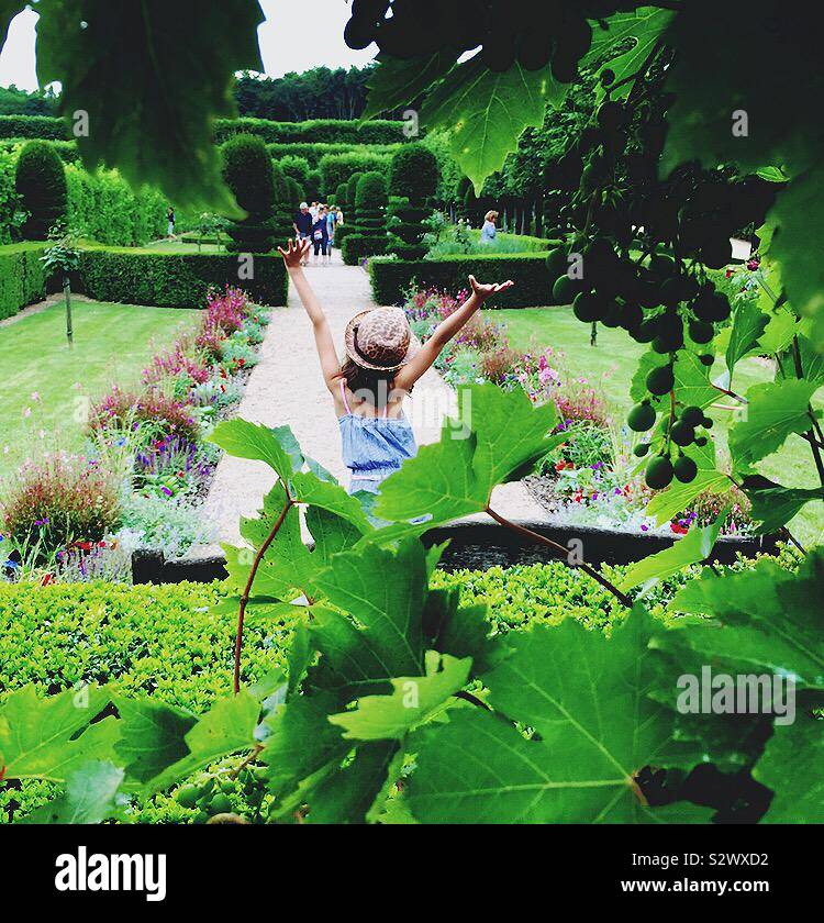 Rear view of young girl with hands raised in joy in formal garden, rear vie. Joyful glee of girl in summer garden. Stock Photo