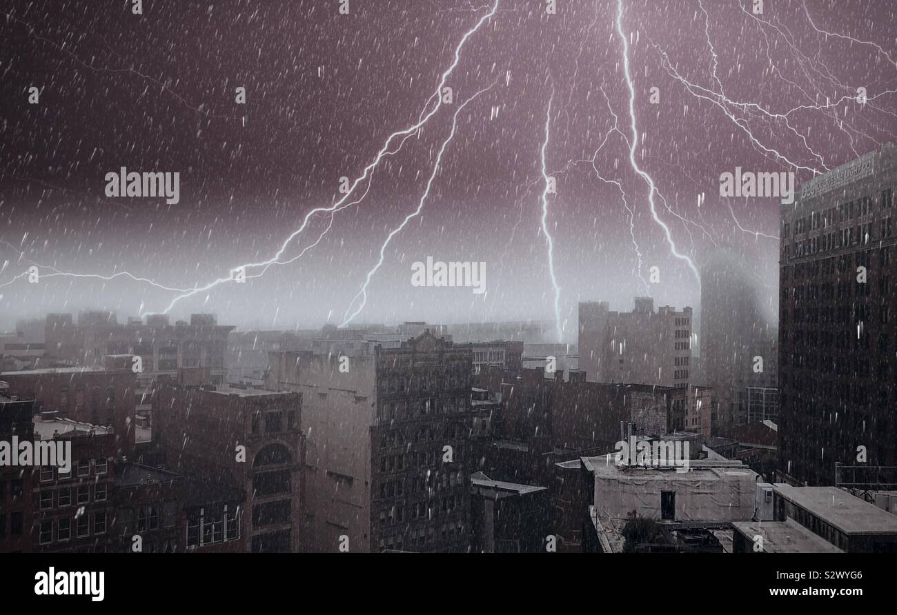 A digital artwork featuring gloomy, stormy view of buildings in downtown Pittsburgh, Pennsylvania with a dark sky and lightning Stock Photo