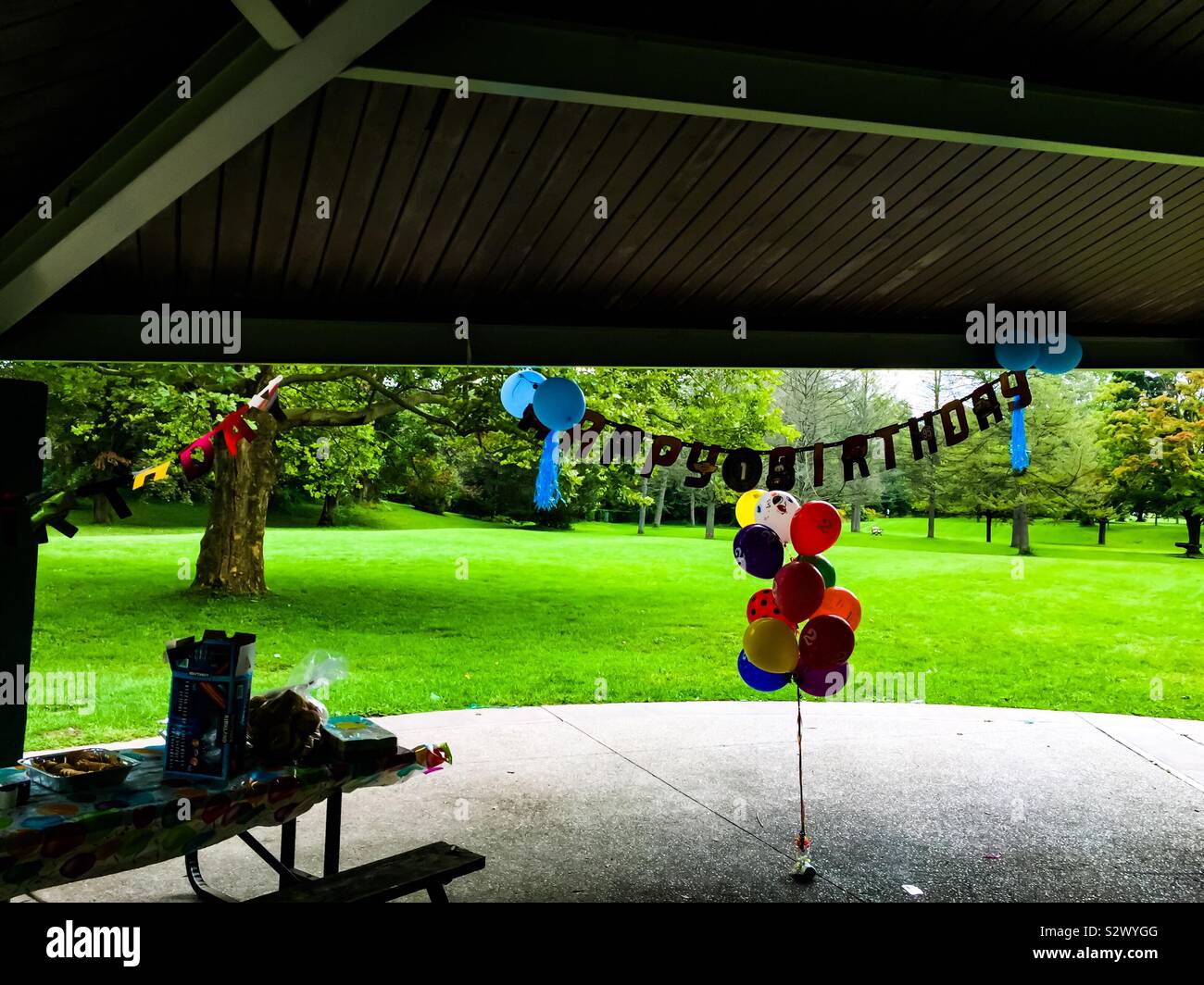 Birthday Party in a lovely park on a warm, summer day, Ontario, Canada. All set up. Guests momentarily off camera. - Smartphone Captured Stock Image