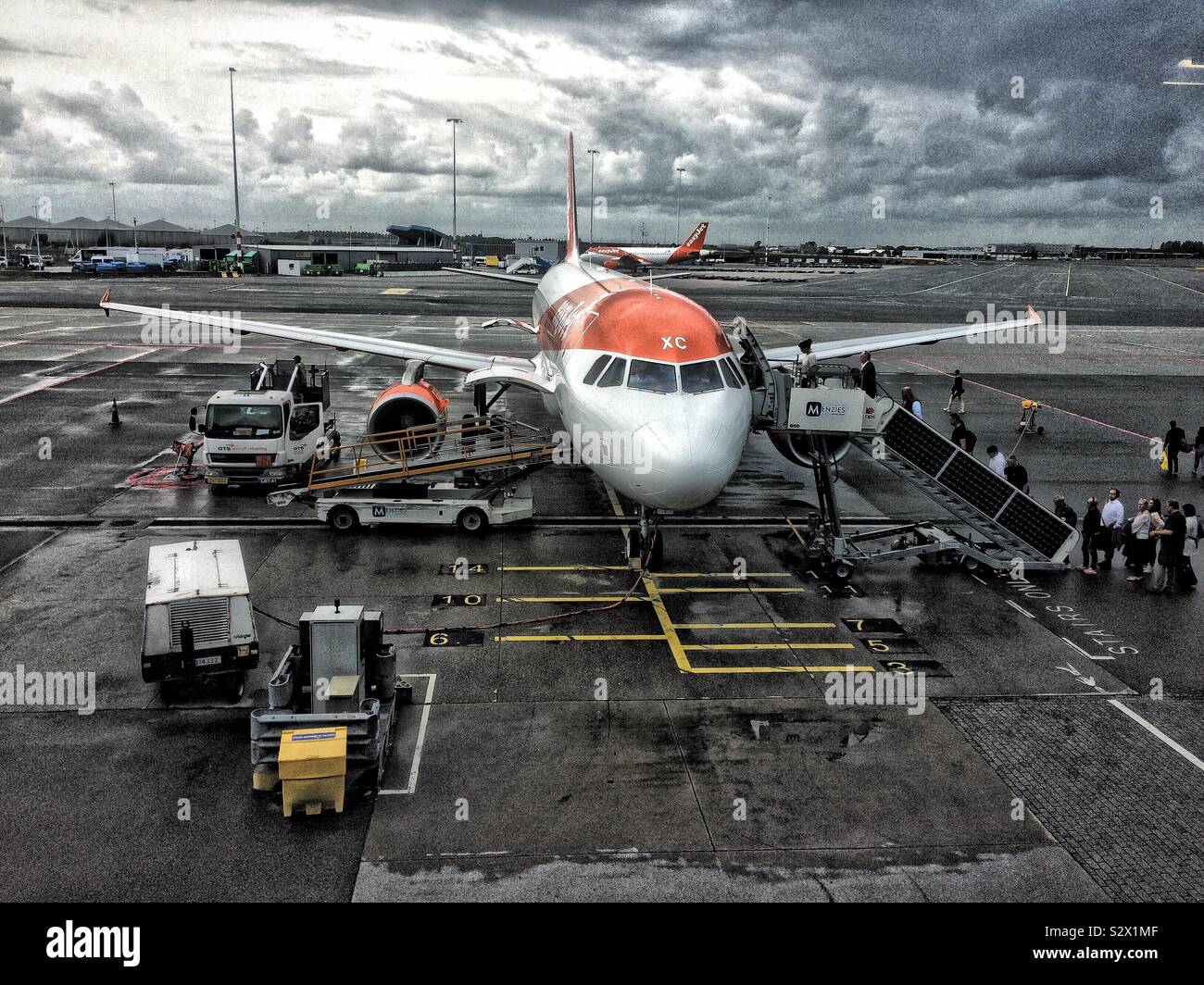 EasyJet Airbus boarding at Schiphol Airport Stock Photo