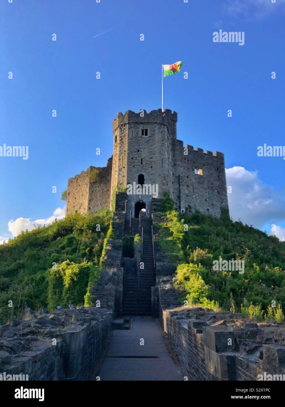 Cardiff castle keep flying the Welsh flag, early evening, September. - Smartphone Captured Stock Image