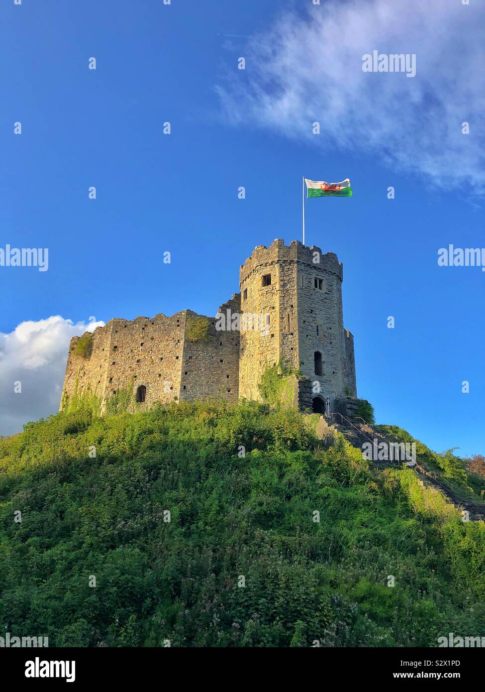 Cardiff castle keep flying the Welsh flag, early evening, September. - Smartphone Captured Stock Image