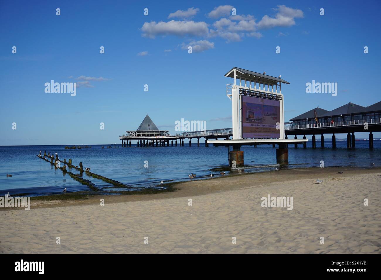 In the year 2018 construction of a Video Wall for open air photo shows ( Bilder im Meer) in the Baltic Sea next to the Pier of Heringsdorf, Usedom, Mecklenburg Vorpommern, Germany, Europe Stock Photo