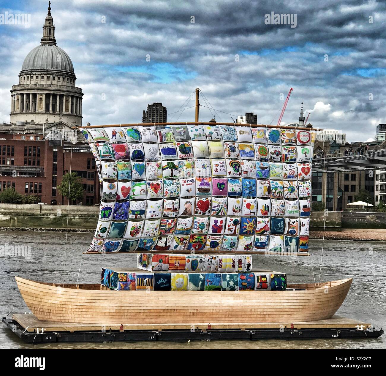 Ship Of Tolerance by Artists Emilia and Ilya Kabakov on The River Thames outside the Tate Modern with St.Pauls Cathedral behind - London UK Stock Photo