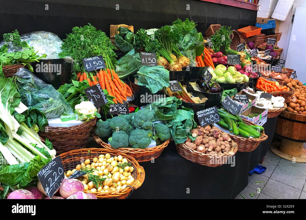 Display Of Different Vegetables On Market Stall At Borough Market - London UK Stock Photo