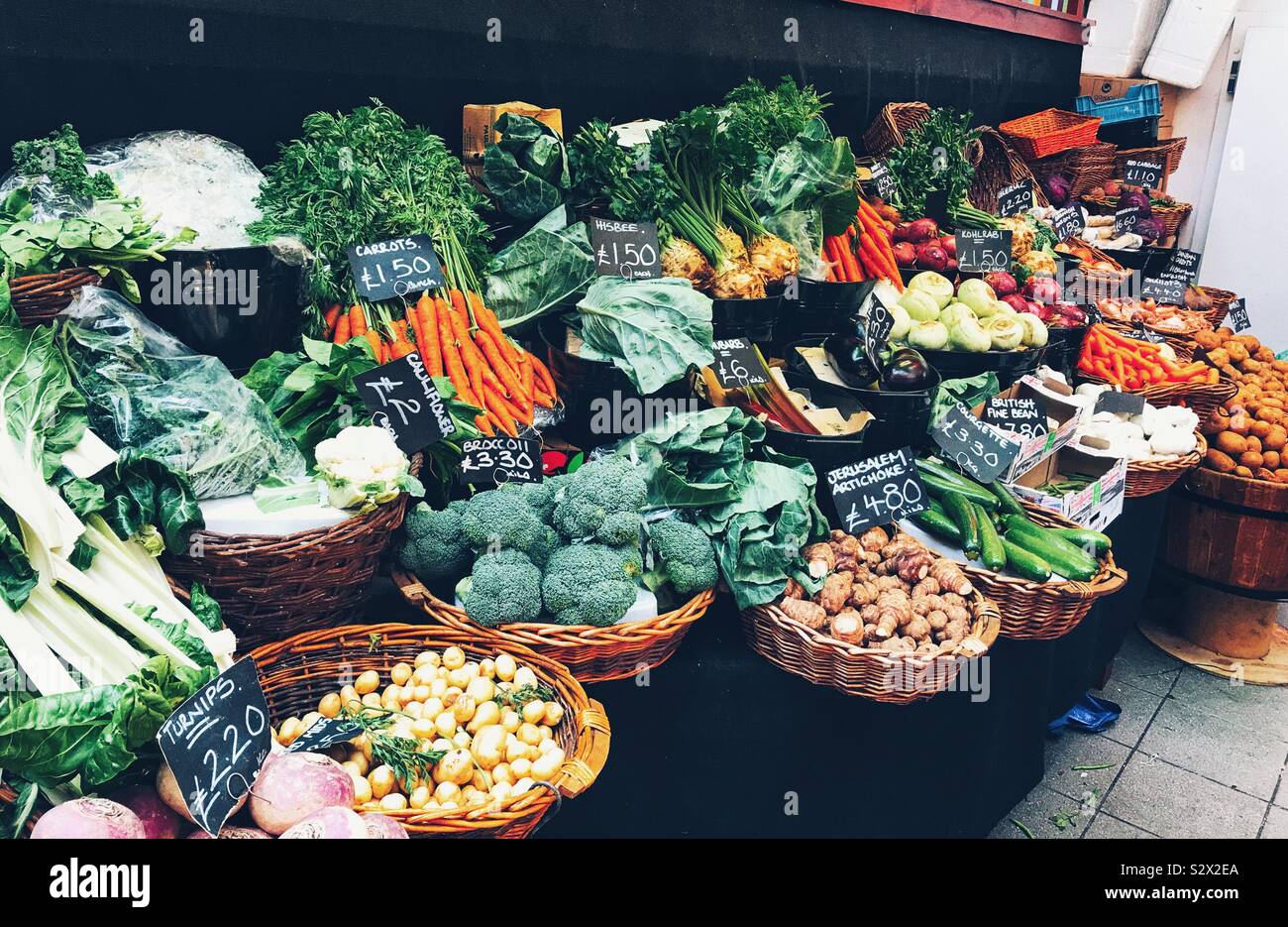 Display of Different Vegetables on A Market Stall At Borough Market - London UK Stock Photo