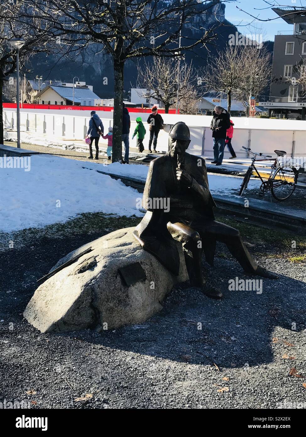 Sherlock Holmes statue at Meiringen, Switzerland. Christmas Day 2018. Stock Photo