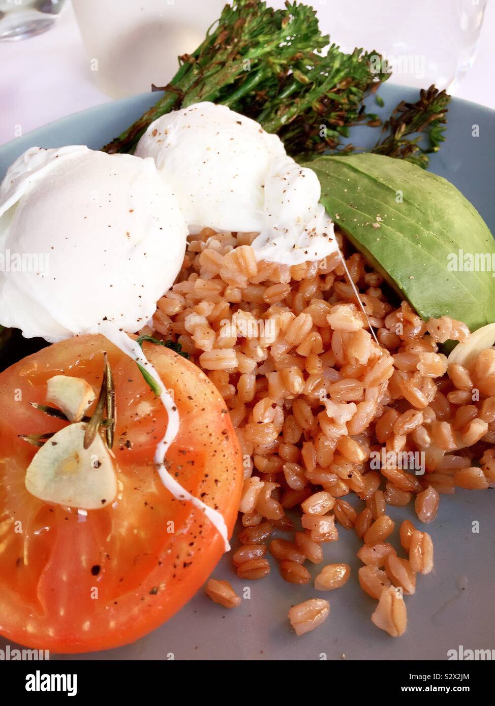 Close up flat lay of a Farro salad with all the trimmings - Smartphone Captured Stock Image